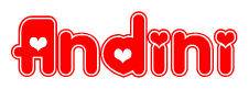 The image is a red and white graphic with the word Andini written in a decorative script. Each letter in  is contained within its own outlined bubble-like shape. Inside each letter, there is a white heart symbol.