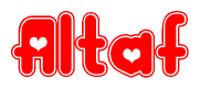The image is a clipart featuring the word Altaf written in a stylized font with a heart shape replacing inserted into the center of each letter. The color scheme of the text and hearts is red with a light outline.
