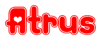 The image is a red and white graphic with the word Atrus written in a decorative script. Each letter in  is contained within its own outlined bubble-like shape. Inside each letter, there is a white heart symbol.