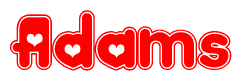 The image is a clipart featuring the word Adams written in a stylized font with a heart shape replacing inserted into the center of each letter. The color scheme of the text and hearts is red with a light outline.