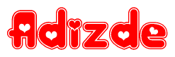 The image is a clipart featuring the word Adizde written in a stylized font with a heart shape replacing inserted into the center of each letter. The color scheme of the text and hearts is red with a light outline.