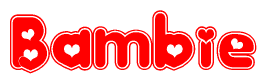 The image is a red and white graphic with the word Bambie written in a decorative script. Each letter in  is contained within its own outlined bubble-like shape. Inside each letter, there is a white heart symbol.