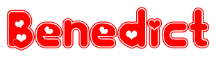 The image displays the word Benedict written in a stylized red font with hearts inside the letters.