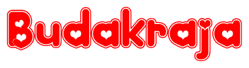 The image displays the word Budakraja written in a stylized red font with hearts inside the letters.