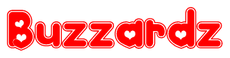 The image is a clipart featuring the word Buzzardz written in a stylized font with a heart shape replacing inserted into the center of each letter. The color scheme of the text and hearts is red with a light outline.