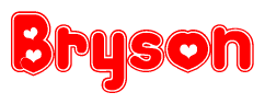 The image is a clipart featuring the word Bryson written in a stylized font with a heart shape replacing inserted into the center of each letter. The color scheme of the text and hearts is red with a light outline.