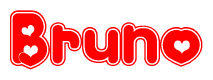 The image is a red and white graphic with the word Bruno written in a decorative script. Each letter in  is contained within its own outlined bubble-like shape. Inside each letter, there is a white heart symbol.