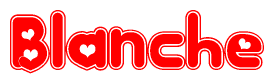 The image is a red and white graphic with the word Blanche written in a decorative script. Each letter in  is contained within its own outlined bubble-like shape. Inside each letter, there is a white heart symbol.