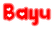 The image is a red and white graphic with the word Bayu written in a decorative script. Each letter in  is contained within its own outlined bubble-like shape. Inside each letter, there is a white heart symbol.