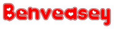The image is a red and white graphic with the word Benveasey written in a decorative script. Each letter in  is contained within its own outlined bubble-like shape. Inside each letter, there is a white heart symbol.