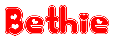 The image is a clipart featuring the word Bethie written in a stylized font with a heart shape replacing inserted into the center of each letter. The color scheme of the text and hearts is red with a light outline.