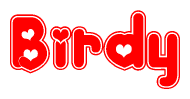 The image displays the word Birdy written in a stylized red font with hearts inside the letters.