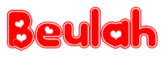 The image is a clipart featuring the word Beulah written in a stylized font with a heart shape replacing inserted into the center of each letter. The color scheme of the text and hearts is red with a light outline.