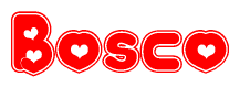   The image is a clipart featuring the word Bosco written in a stylized font with a heart shape replacing inserted into the center of each letter. The color scheme of the text and hearts is red with a light outline. 
