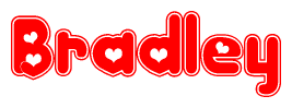 The image is a red and white graphic with the word Bradley written in a decorative script. Each letter in  is contained within its own outlined bubble-like shape. Inside each letter, there is a white heart symbol.