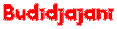 The image displays the word Budidjajani written in a stylized red font with hearts inside the letters.