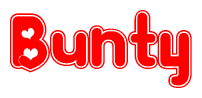 The image is a clipart featuring the word Bunty written in a stylized font with a heart shape replacing inserted into the center of each letter. The color scheme of the text and hearts is red with a light outline.