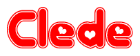 The image is a red and white graphic with the word Clede written in a decorative script. Each letter in  is contained within its own outlined bubble-like shape. Inside each letter, there is a white heart symbol.
