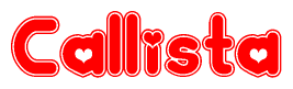 The image is a red and white graphic with the word Callista written in a decorative script. Each letter in  is contained within its own outlined bubble-like shape. Inside each letter, there is a white heart symbol.