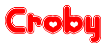 The image displays the word Croby written in a stylized red font with hearts inside the letters.