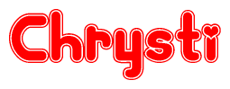 The image is a red and white graphic with the word Chrysti written in a decorative script. Each letter in  is contained within its own outlined bubble-like shape. Inside each letter, there is a white heart symbol.