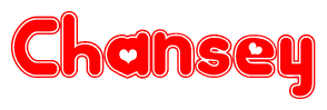 The image displays the word Chansey written in a stylized red font with hearts inside the letters.