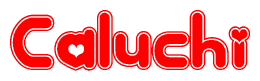 The image is a clipart featuring the word Caluchi written in a stylized font with a heart shape replacing inserted into the center of each letter. The color scheme of the text and hearts is red with a light outline.