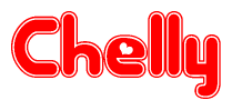 The image is a red and white graphic with the word Chelly written in a decorative script. Each letter in  is contained within its own outlined bubble-like shape. Inside each letter, there is a white heart symbol.