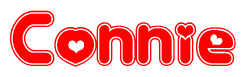 The image is a red and white graphic with the word Connie written in a decorative script. Each letter in  is contained within its own outlined bubble-like shape. Inside each letter, there is a white heart symbol.