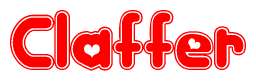 The image is a clipart featuring the word Claffer written in a stylized font with a heart shape replacing inserted into the center of each letter. The color scheme of the text and hearts is red with a light outline.