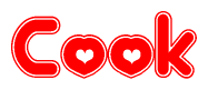 The image is a red and white graphic with the word Cook written in a decorative script. Each letter in  is contained within its own outlined bubble-like shape. Inside each letter, there is a white heart symbol.