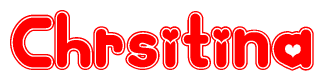 The image is a red and white graphic with the word Chrsitina written in a decorative script. Each letter in  is contained within its own outlined bubble-like shape. Inside each letter, there is a white heart symbol.