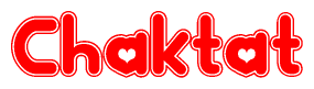 The image is a red and white graphic with the word Chaktat written in a decorative script. Each letter in  is contained within its own outlined bubble-like shape. Inside each letter, there is a white heart symbol.