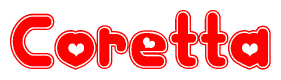 The image is a clipart featuring the word Coretta written in a stylized font with a heart shape replacing inserted into the center of each letter. The color scheme of the text and hearts is red with a light outline.