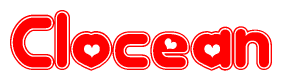 The image is a red and white graphic with the word Clocean written in a decorative script. Each letter in  is contained within its own outlined bubble-like shape. Inside each letter, there is a white heart symbol.