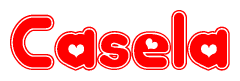 The image displays the word Casela written in a stylized red font with hearts inside the letters.