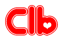 The image is a red and white graphic with the word Clb written in a decorative script. Each letter in  is contained within its own outlined bubble-like shape. Inside each letter, there is a white heart symbol.