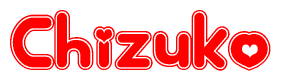 The image is a red and white graphic with the word Chizuko written in a decorative script. Each letter in  is contained within its own outlined bubble-like shape. Inside each letter, there is a white heart symbol.