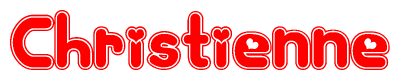 The image is a red and white graphic with the word Christienne written in a decorative script. Each letter in  is contained within its own outlined bubble-like shape. Inside each letter, there is a white heart symbol.
