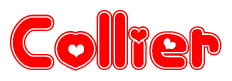 The image is a red and white graphic with the word Collier written in a decorative script. Each letter in  is contained within its own outlined bubble-like shape. Inside each letter, there is a white heart symbol.