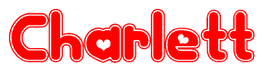 The image is a red and white graphic with the word Charlett written in a decorative script. Each letter in  is contained within its own outlined bubble-like shape. Inside each letter, there is a white heart symbol.