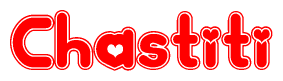 The image is a red and white graphic with the word Chastiti written in a decorative script. Each letter in  is contained within its own outlined bubble-like shape. Inside each letter, there is a white heart symbol.