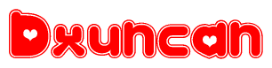 The image is a clipart featuring the word Dxuncan written in a stylized font with a heart shape replacing inserted into the center of each letter. The color scheme of the text and hearts is red with a light outline.