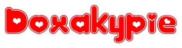 The image is a red and white graphic with the word Doxakypie written in a decorative script. Each letter in  is contained within its own outlined bubble-like shape. Inside each letter, there is a white heart symbol.