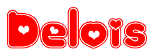 The image is a red and white graphic with the word Delois written in a decorative script. Each letter in  is contained within its own outlined bubble-like shape. Inside each letter, there is a white heart symbol.