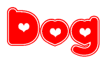 The image is a clipart featuring the word Dog written in a stylized font with a heart shape replacing inserted into the center of each letter. The color scheme of the text and hearts is red with a light outline.