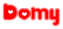 The image displays the word Domy written in a stylized red font with hearts inside the letters.