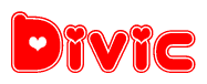 The image is a clipart featuring the word Divic written in a stylized font with a heart shape replacing inserted into the center of each letter. The color scheme of the text and hearts is red with a light outline.