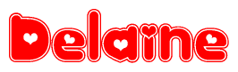 The image is a red and white graphic with the word Delaine written in a decorative script. Each letter in  is contained within its own outlined bubble-like shape. Inside each letter, there is a white heart symbol.