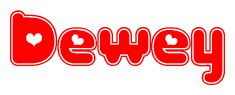 The image displays the word Dewey written in a stylized red font with hearts inside the letters.